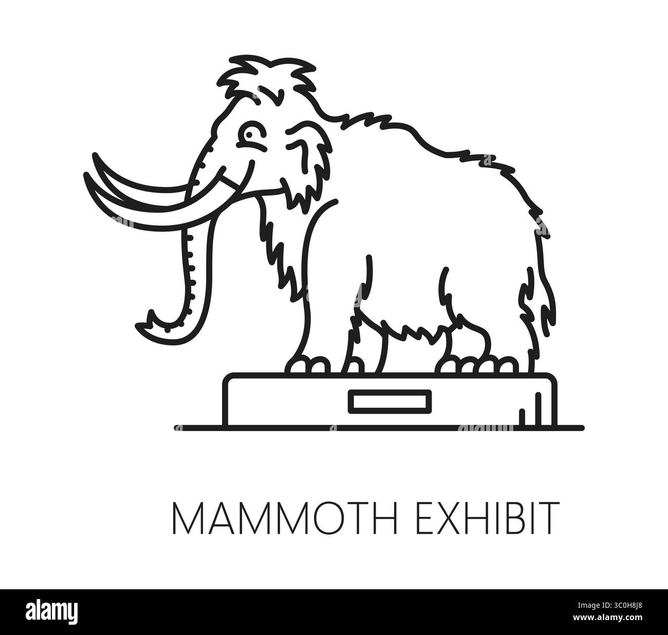 Icona o insegna della linea espositiva del museo Mammoth. Museo di storia naturale galleria lineart pittogramma vettoriale, mostra un'icona di linea sottile. Simbolo della mostra preistorica di animali estinti con il mammut dell'era glaciale Illustrazione Vettoriale