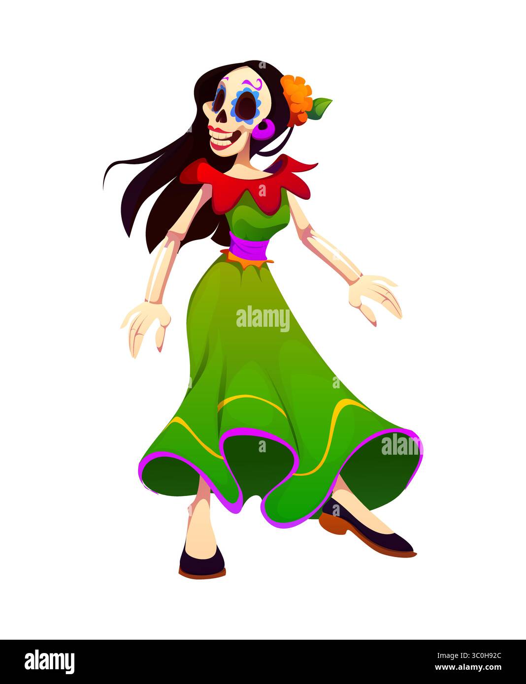 Il giorno dei morti, ballerina Catrina, personaggio natalizio, dia de los muertos, personaggio messicano, scheletro di Cartoon Woman vestito con un colorato abito tradizionale che danzava il flamenco, celebrando l'evento festivo Illustrazione Vettoriale