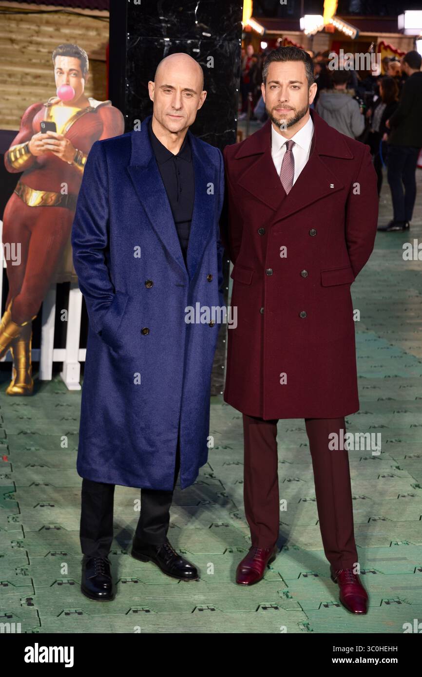 Mark strong, Zachary Levi, Shazum Funfair Launch, Bernie Spain Gardens, South Bank, Londra, Regno Unito Foto Stock