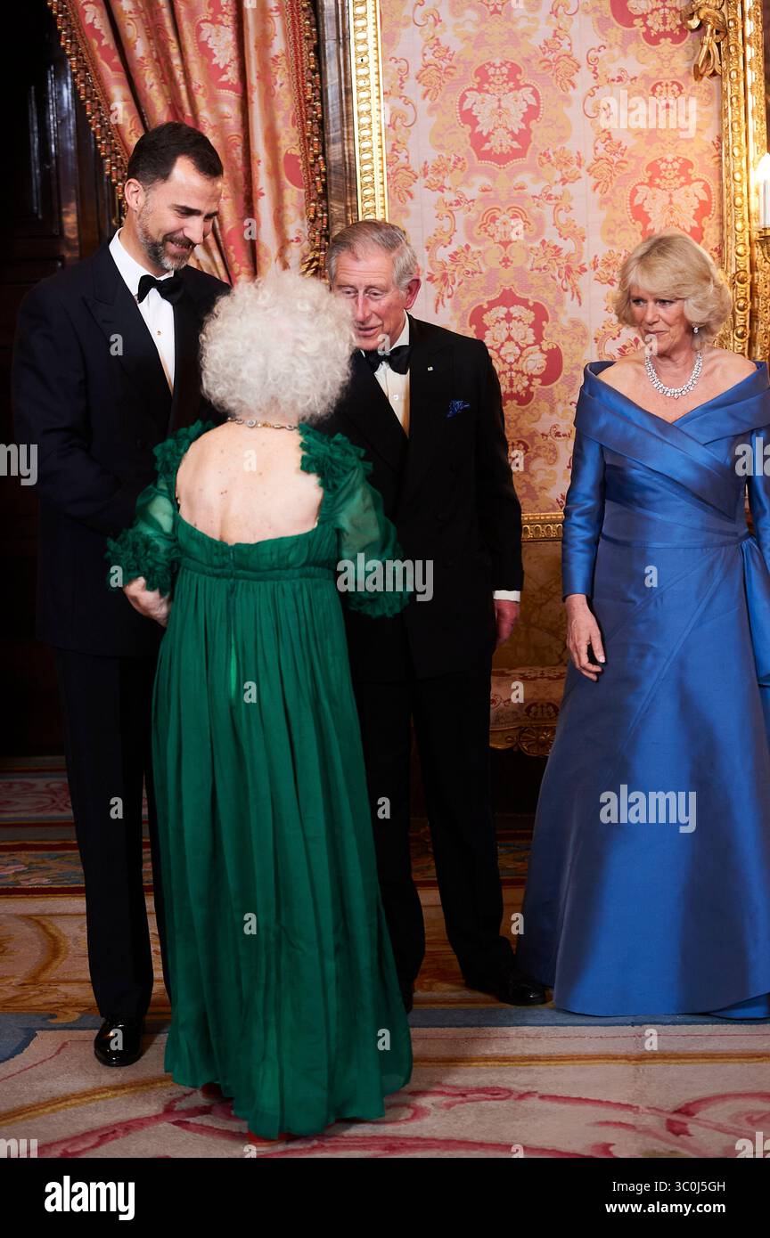 Il principe Felipe e la principessa Letizia partecipano a una cena ufficiale con il principe Carlo e Camila, duchessa di Cornovaglia al Palacio Real di Madrid. Principe Felipe di Spagna. DUCHESSA DI ALBA CAYETANA FITZ-JAMES STUART. PRINCIPESSA LETIZIA DI SPAGNA. PRINCIPE CARLO DI GALLES. CAMILLA DUCHESSE DI CORNOVAGLIA. Foto Stock