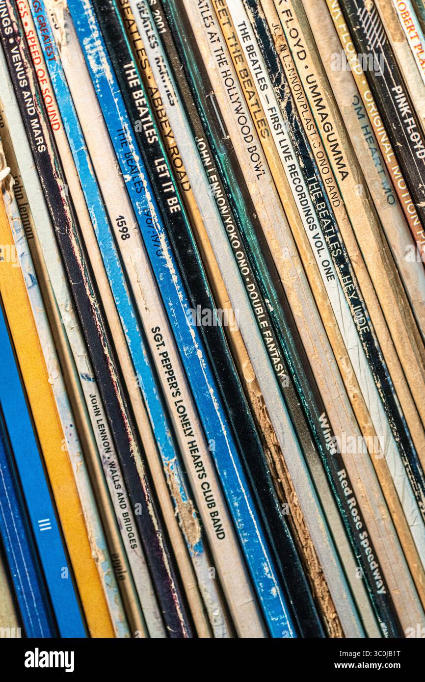 Collezione di dischi in vinile vintage, con maniche ben impilate su uno scaffale. Foto Stock