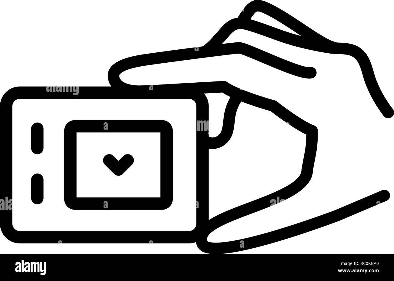Icona contorno monitoraggio elettrocardiogramma. Sistema di monitoraggio Holter. Simbolo dei battiti cardiaci sullo schermo. Registratore portatile Dynamic EKG in mano. Attivazione dell'elettrocardiogramma Illustrazione Vettoriale
