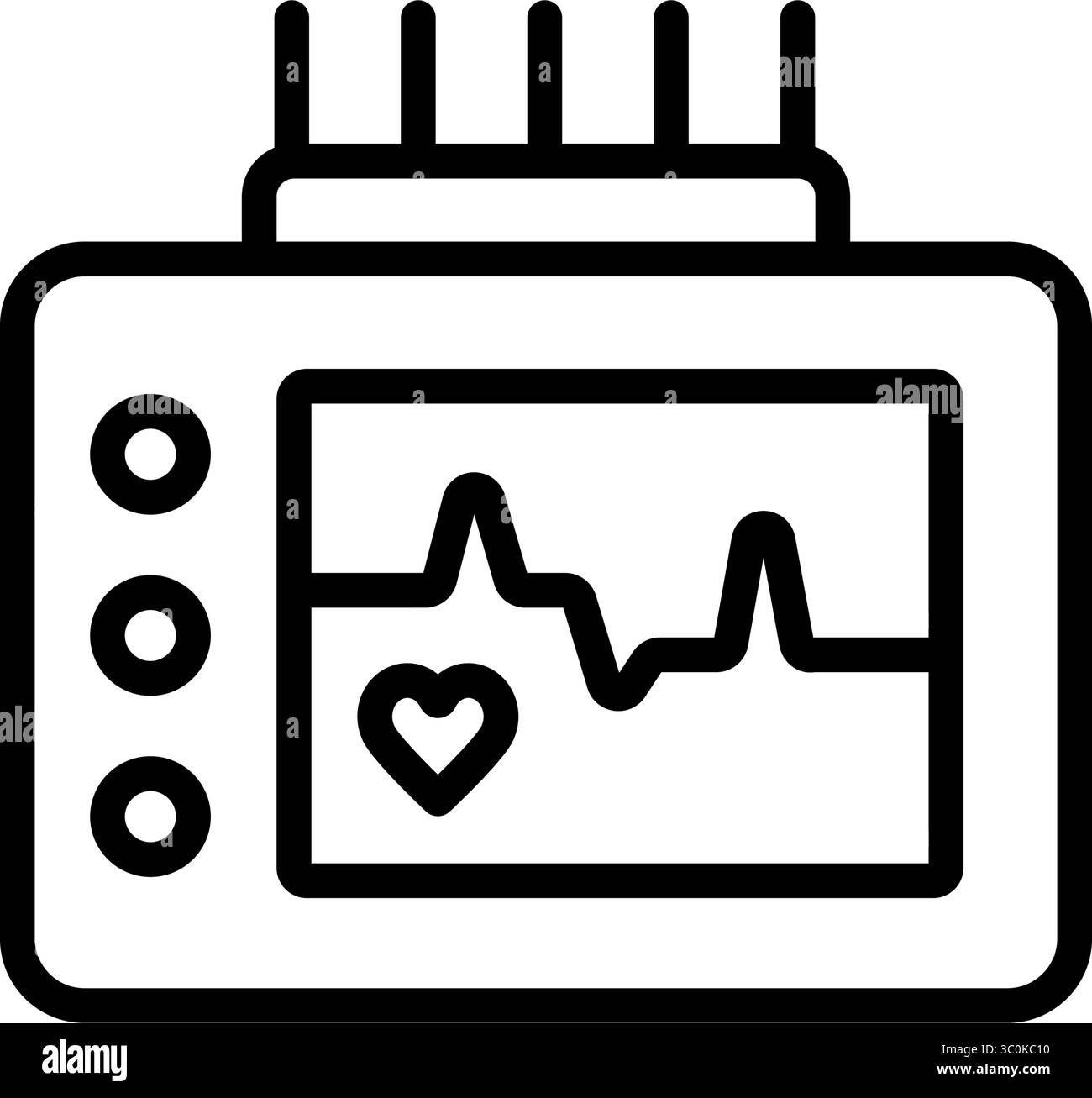 Dispositivo elettronico per la misurazione della frequenza cardiaca che mostra l'icona del battito cardiaco e il cavo. Sistema ECG Holter. Sistema registratore analizzatore digitale che rileva il problema cardio. Illustrazione Vettoriale