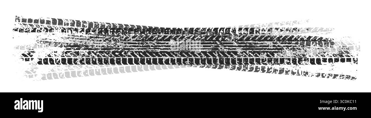 Sgrossare le tracce degli pneumatici con schizzi di fango, segni di frenata delle ruote sporche. Silhouette con battistrada per camion, auto o motociclette. Perfetto per fuoristrada Illustrazione Vettoriale