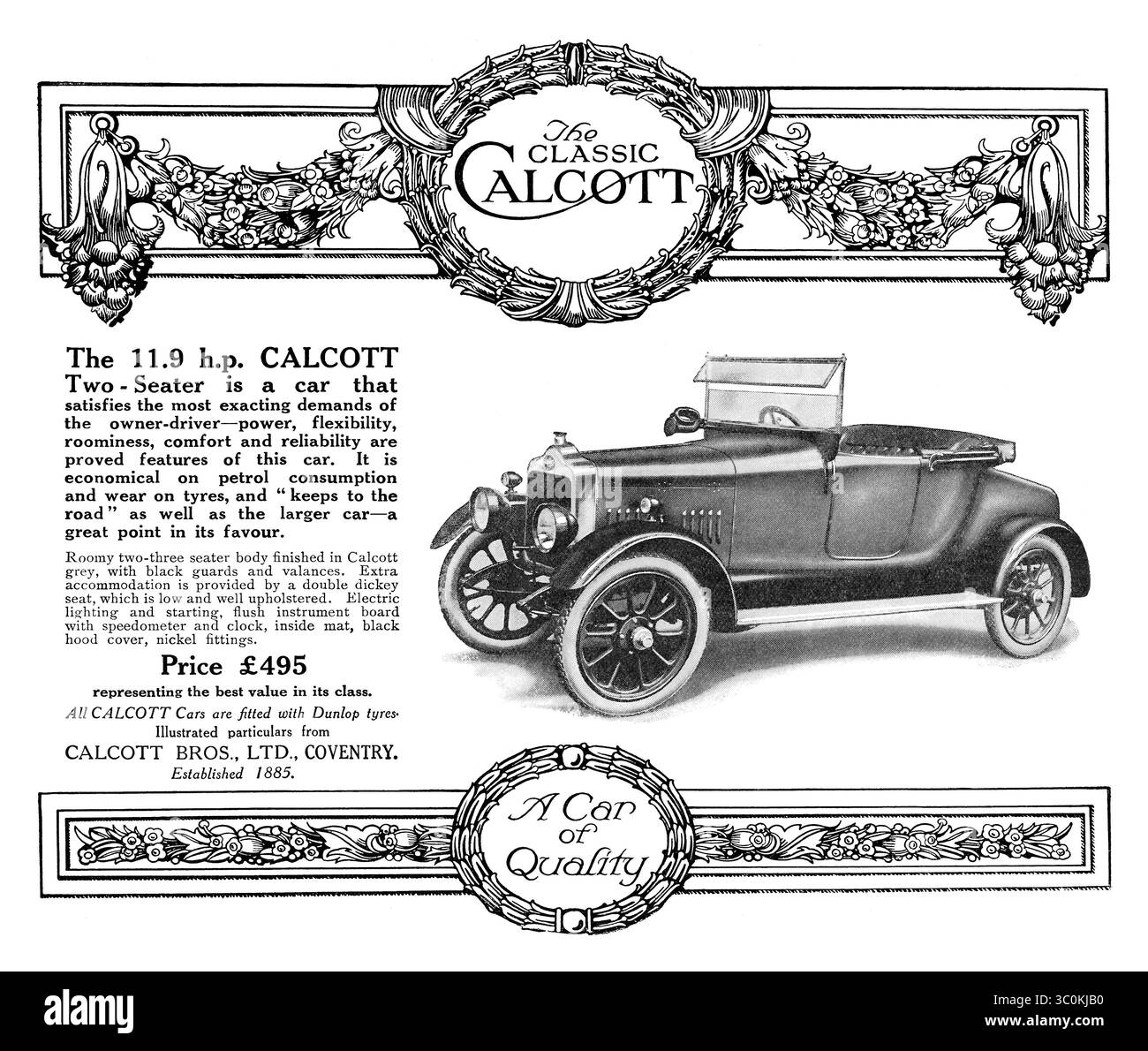 1922 pubblicità automobilistica britannica per la Calcott 11,9 h.p. due posti auto. Foto Stock