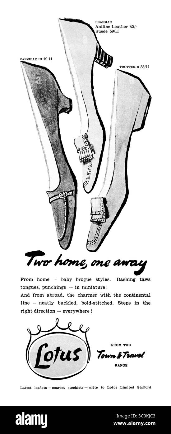 Pubblicità britannica degli anni '1950 per Lotus Shoes della gamma Town & Travel. Foto Stock