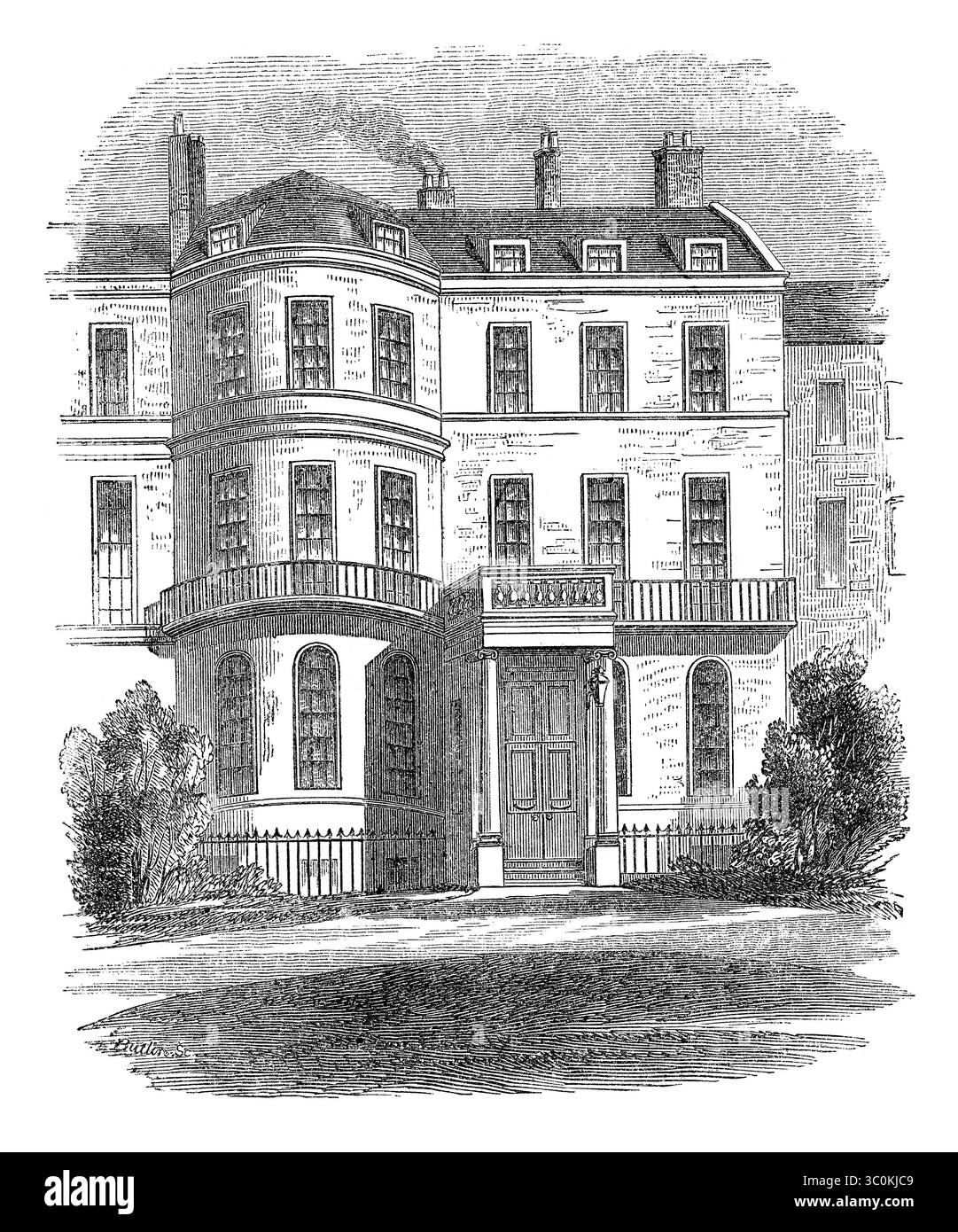 1854 incisione della casa del primo ministro Sir Robert Peel, Whitehall Gardens a Londra. Foto Stock