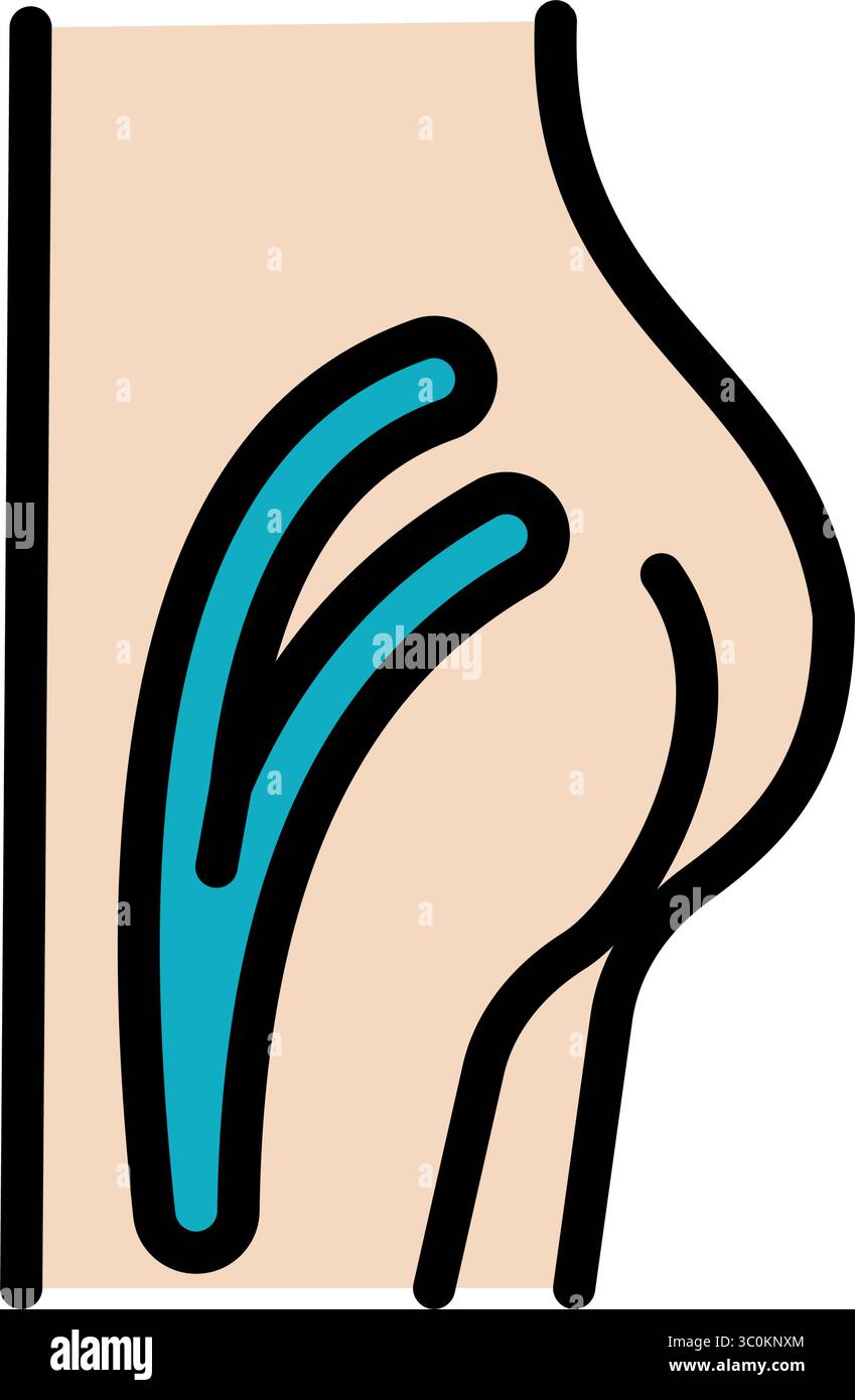 Icona strisce di nastro kinesio per articolazione anca. Articolazioni e legamenti di supporto. Nastro terapeutico elastico. Gonfiore muscolare e riduzione del dolore. Simbolo isolato Illustrazione Vettoriale