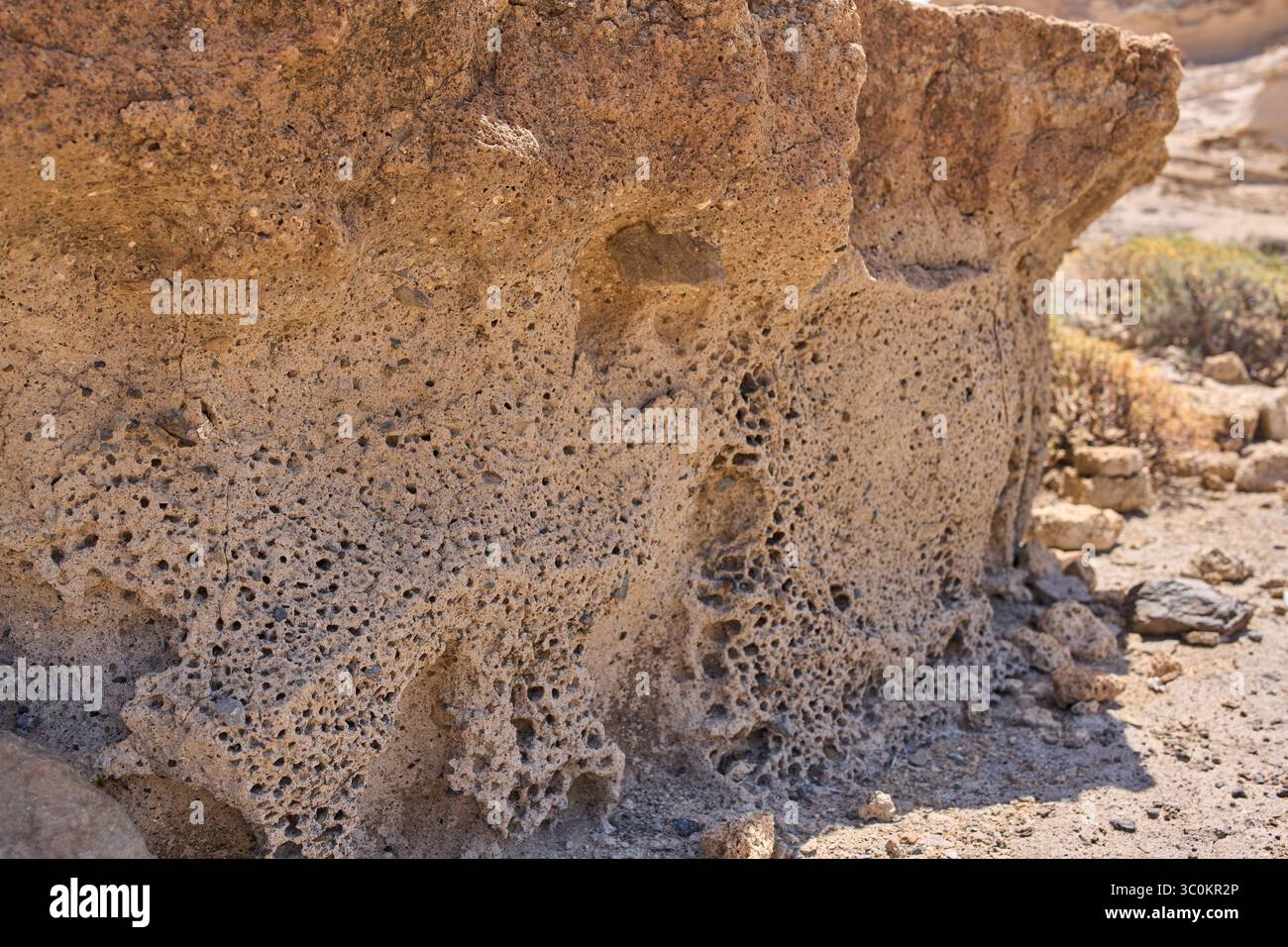 Primo piano di tufo vulcanico eroso poroso che mostra consistenza porosa e superficie stratificata a Los Derriscaderos Foto Stock