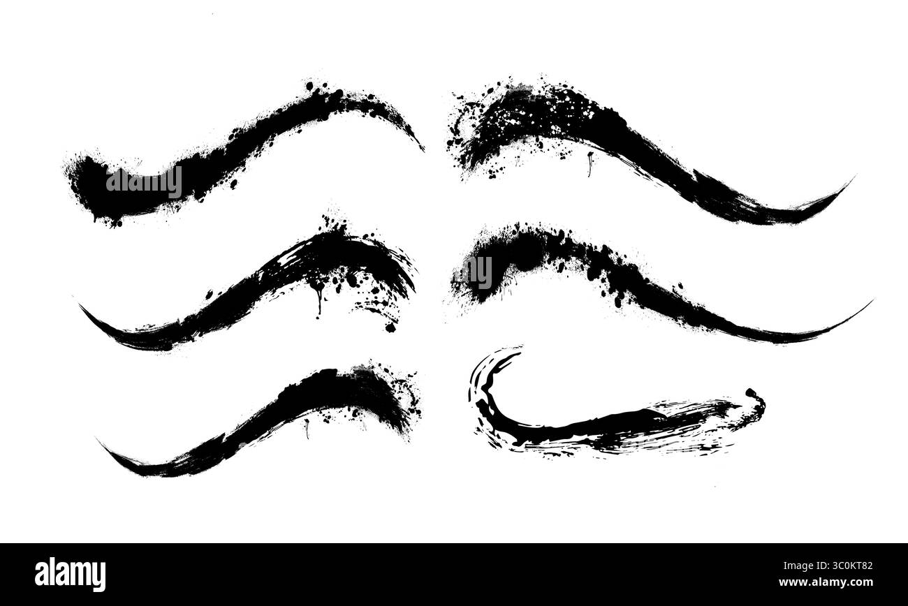 Set pennello nero. inchiostro sfondo tratto di vernice astratto nero. disegno a mano. Non ai, illustrazione vettoriale. Illustrazione Vettoriale