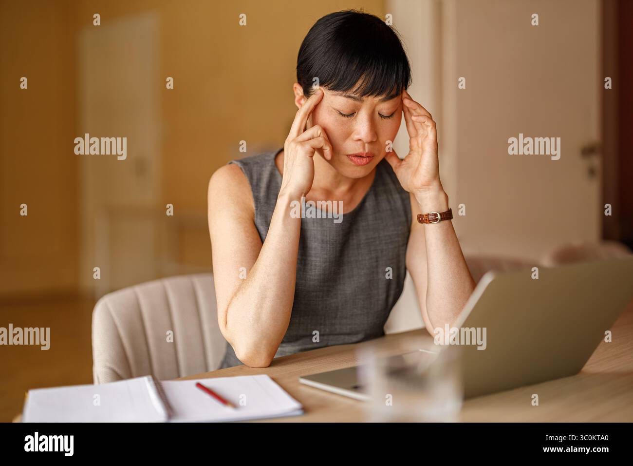 Ritratto di una donna d'affari stressata che soffre la testa mentre lavora online su un notebook alla scrivania aziendale Foto Stock