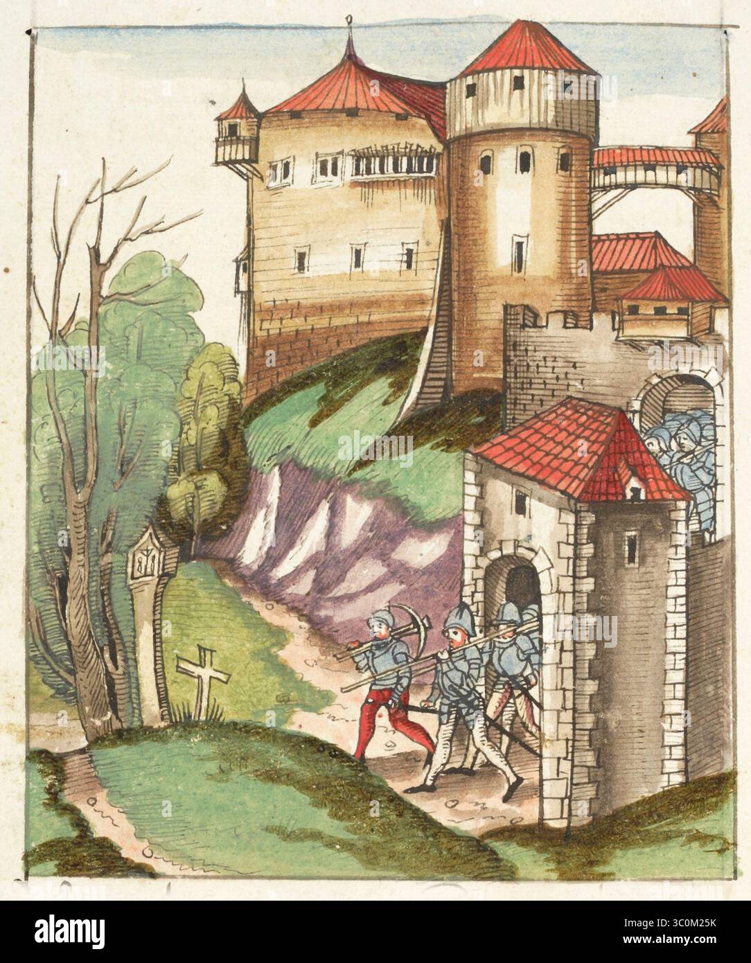 Una scena delle Guerre di Borgogna (1474-1477) una serie di conflitti nel tardo XV secolo tra il Ducato di Borgogna e la Vecchia Confederazione svizzera, insieme ai loro alleati. Illustrazione dal Silbereisen Chronicon Helvetiae, parte II, XVI secolo. Foto Stock