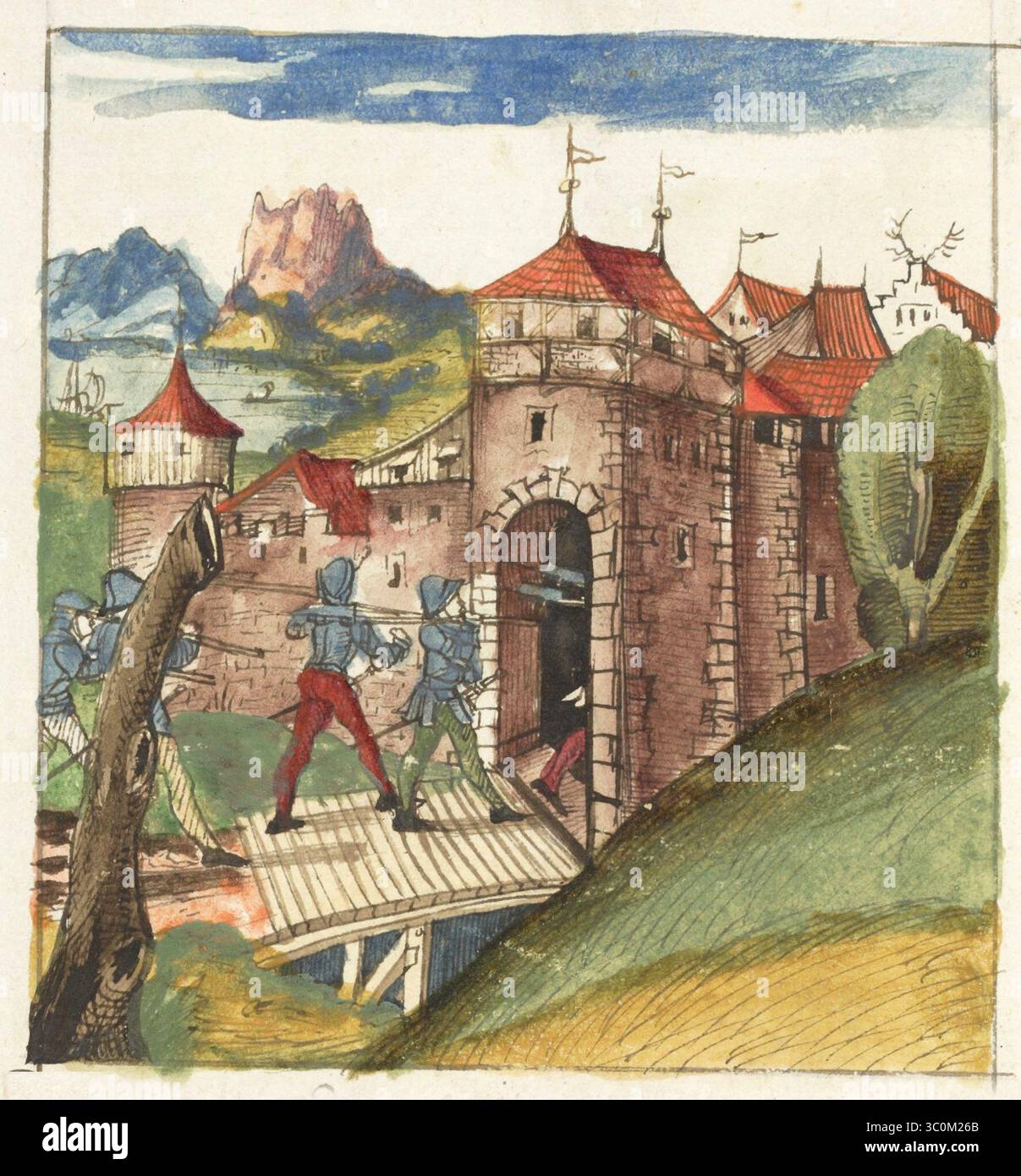 Una scena delle Guerre di Borgogna (1474-1477) una serie di conflitti nel tardo XV secolo tra il Ducato di Borgogna e la Vecchia Confederazione svizzera, insieme ai loro alleati. Illustrazione dal Silbereisen Chronicon Helvetiae, parte II, XVI secolo. Foto Stock