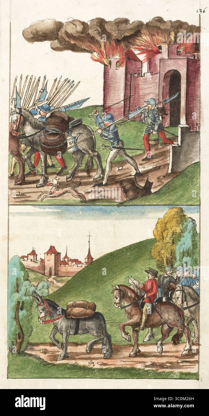 Una scena delle Guerre di Borgogna (1474-1477) una serie di conflitti nel tardo XV secolo tra il Ducato di Borgogna e la Vecchia Confederazione svizzera, insieme ai loro alleati. Illustrazione dal Silbereisen Chronicon Helvetiae, parte II, XVI secolo. Foto Stock
