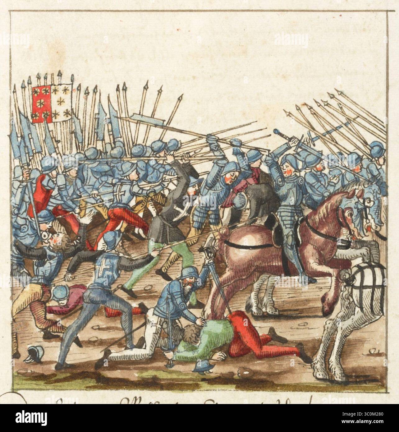 Due eserciti si incontrano in battaglia in una scena delle Guerre di Borgogna (1474-1477) una serie di conflitti nel tardo XV secolo tra il Ducato di Borgogna e la Vecchia Confederazione svizzera, insieme ai loro alleati. Illustrazione dal Silbereisen Chronicon Helvetiae, parte II, XVI secolo. Foto Stock