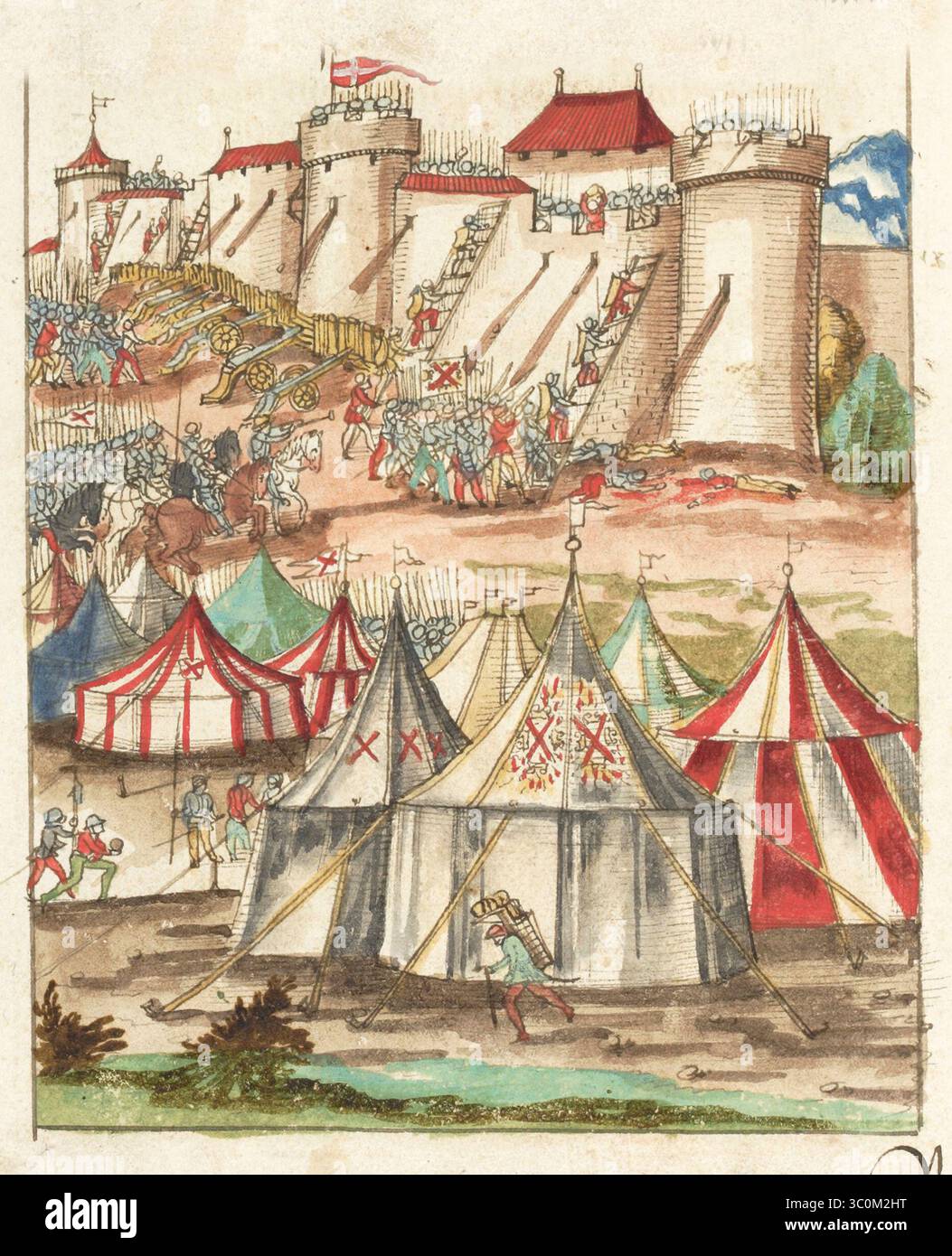 Una scena delle Guerre di Borgogna (1474-1477) una serie di conflitti nel tardo XV secolo tra il Ducato di Borgogna e la Vecchia Confederazione svizzera, insieme ai loro alleati. Illustrazione dal Silbereisen Chronicon Helvetiae, parte II, XVI secolo. Foto Stock
