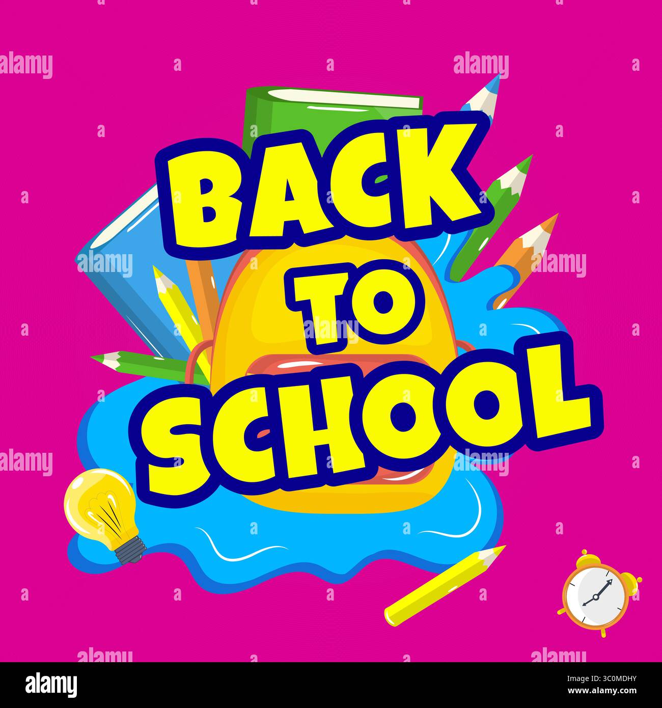 Poster Back to School in stile cartoni animati. Zaino, libri, matite, lampadina, sveglia su sfondo rosa. Illustrazione divertente per annunci pubblicitari e progetti di design Illustrazione Vettoriale