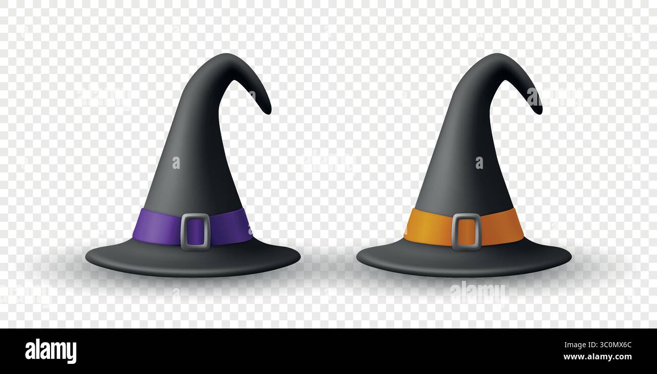 Cappello con punta curva e fibbia per cintura, illustrazione vettoriale. Cappello da strega di Halloween con nastro viola e arancione. Classico cappello da strega nero per costume Illustrazione Vettoriale