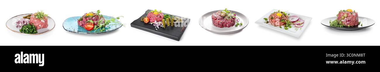 Set di gustose tartare di manzo su sfondo bianco Foto Stock