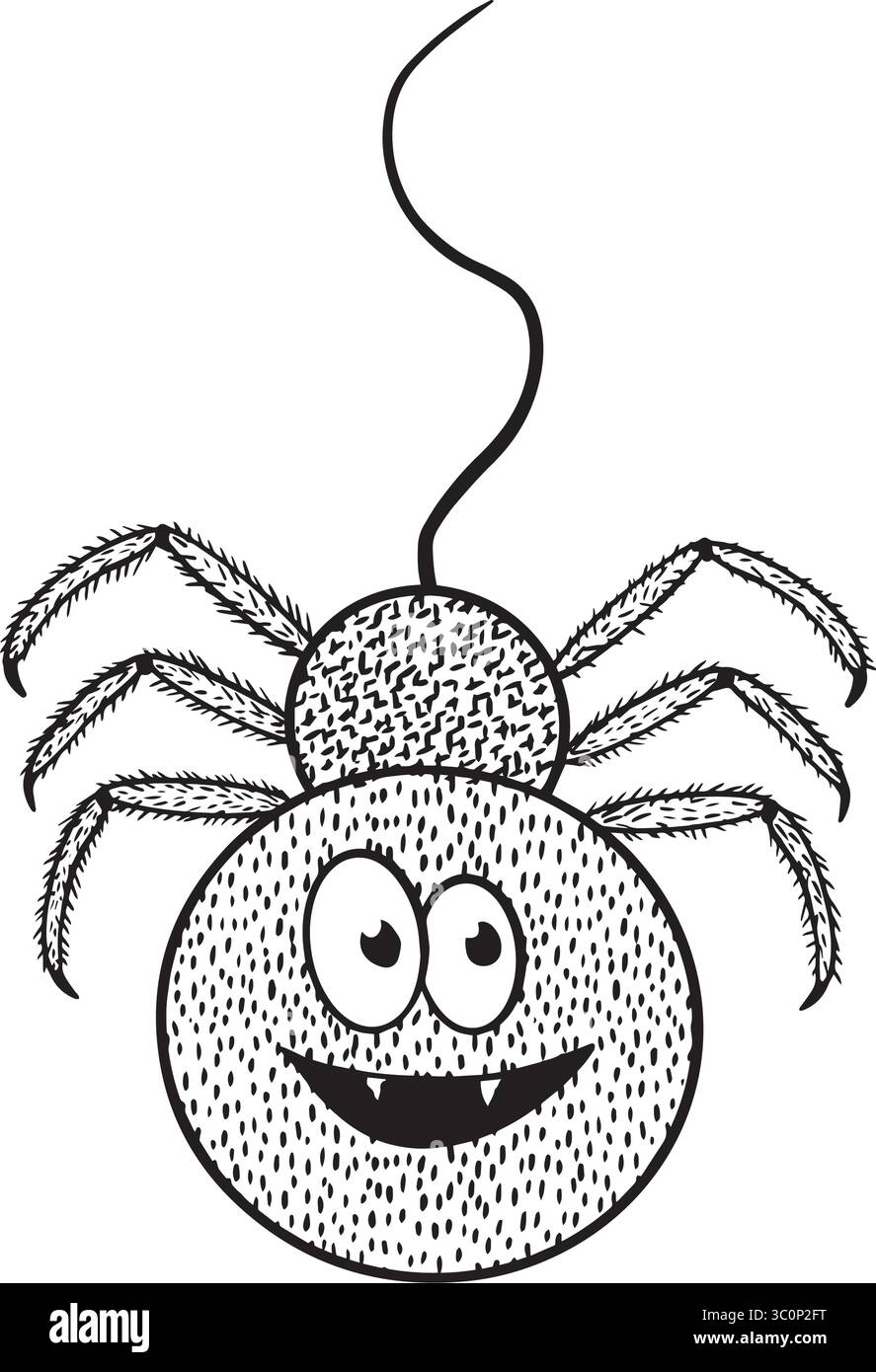 Questo adorabile ragno cartoni animati presenta un volto amichevole e un design divertente, perfetto per i contenuti per i bambini. Grafica vettoriale in bianco e nero disegnata a mano nella line art Illustrazione Vettoriale