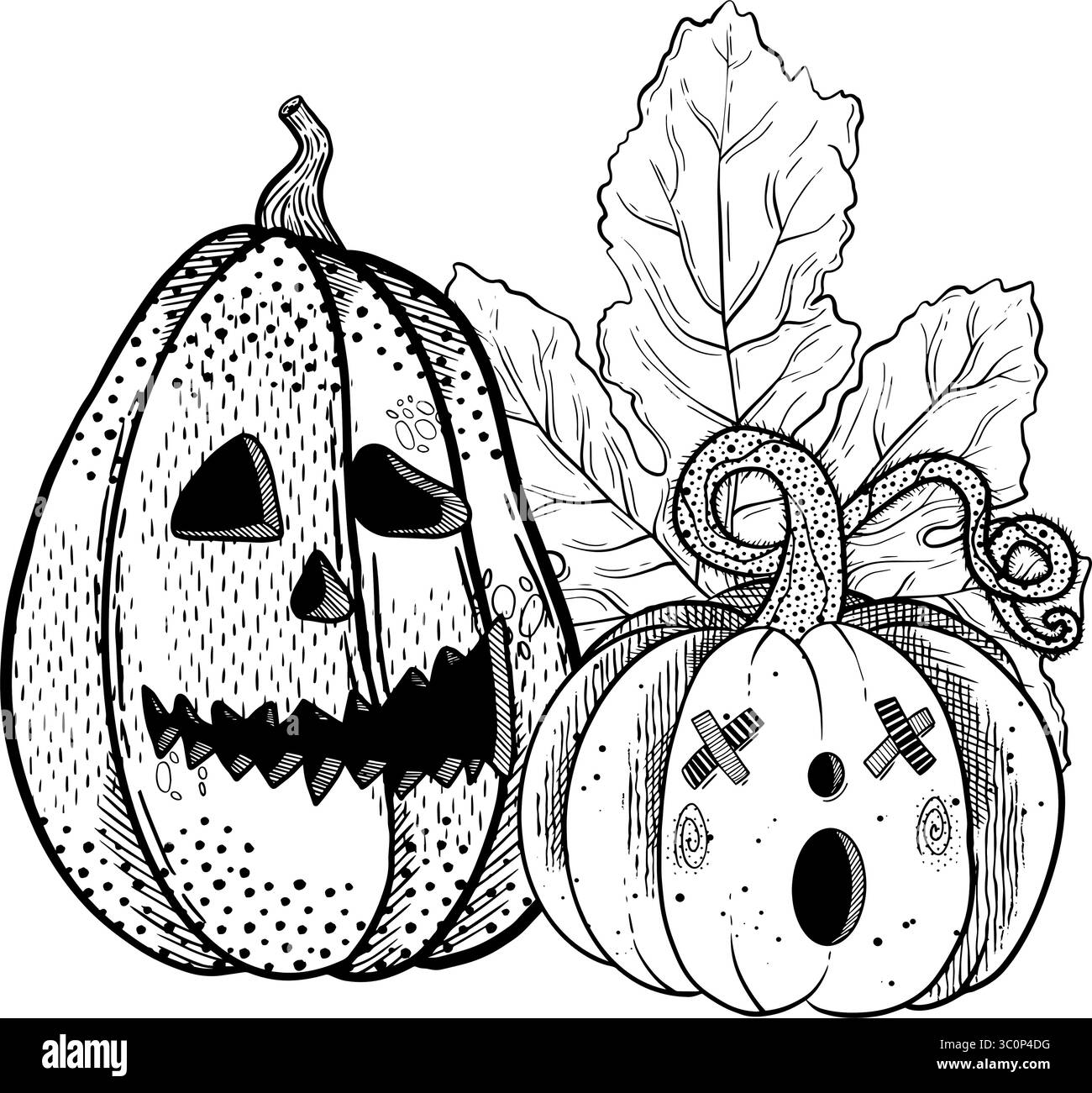 Un'affascinante illustrazione di zucche di Halloween, una con un volto spaventoso e l'altra con un aspetto spettrale. Grafica vettoriale in bianco e nero disegnata a mano nella line art Illustrazione Vettoriale