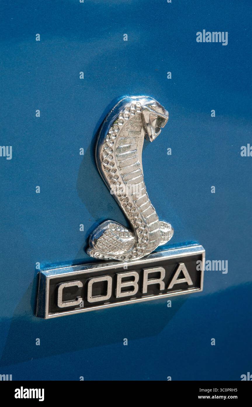 WOODLAND PARK, COLORADO, Stati Uniti: Primo piano di una muscle car Ford Mustang Shelby Cobra del 1968 in mostra al Cruise Above the Clouds Car Show a Woodland Park, Foto Stock