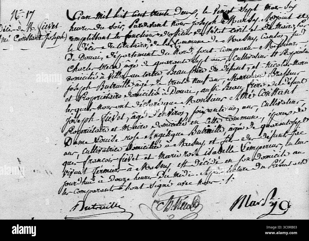 Masny - Acte de décès d'Amé-Constant-Joseph Fiévet, maire de la commune, daté du 27 mars 1832, signé par l'adjoint au maire Joseph Marsy. Foto Stock