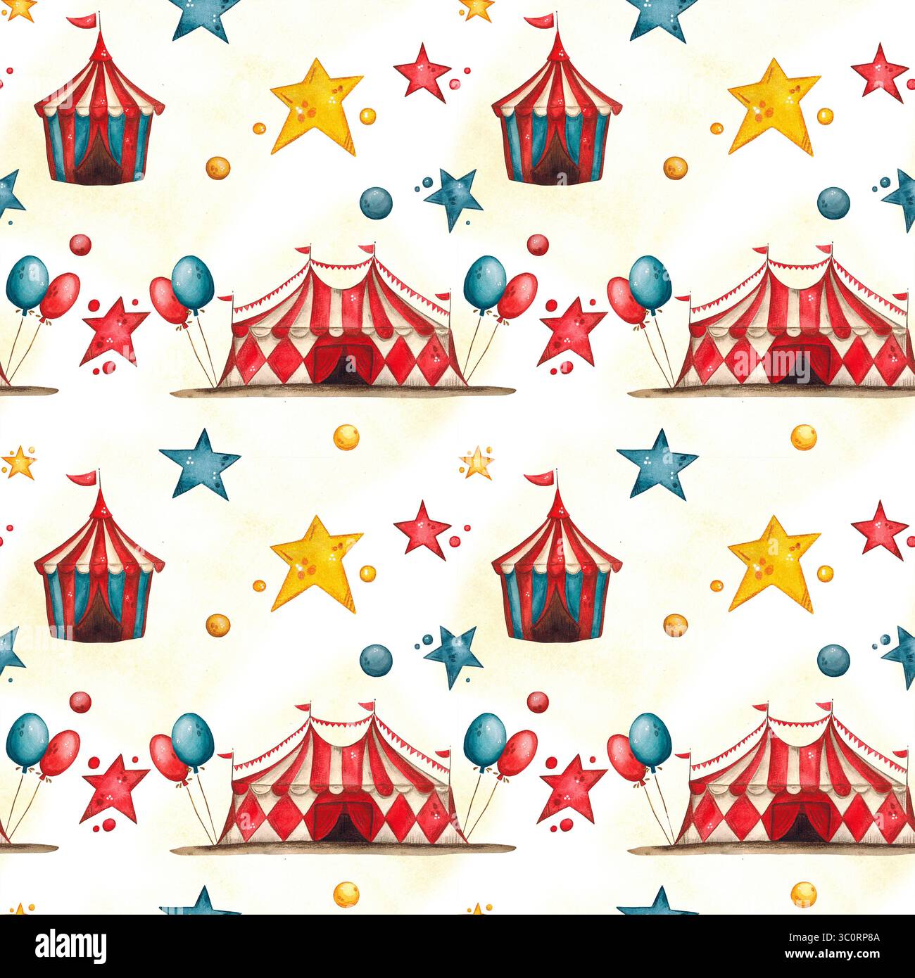 Un motivo per bambini brillante e allegro con circo. Tende da circo, tende, palle, stelle, palloncini Foto Stock