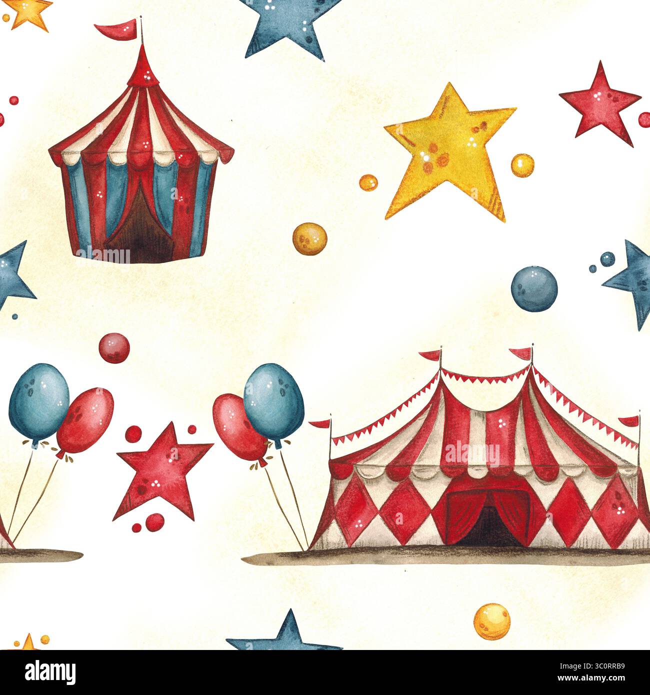 Un motivo per bambini brillante e allegro con circo. Tende da circo, tende, palle, stelle, palloncini Foto Stock