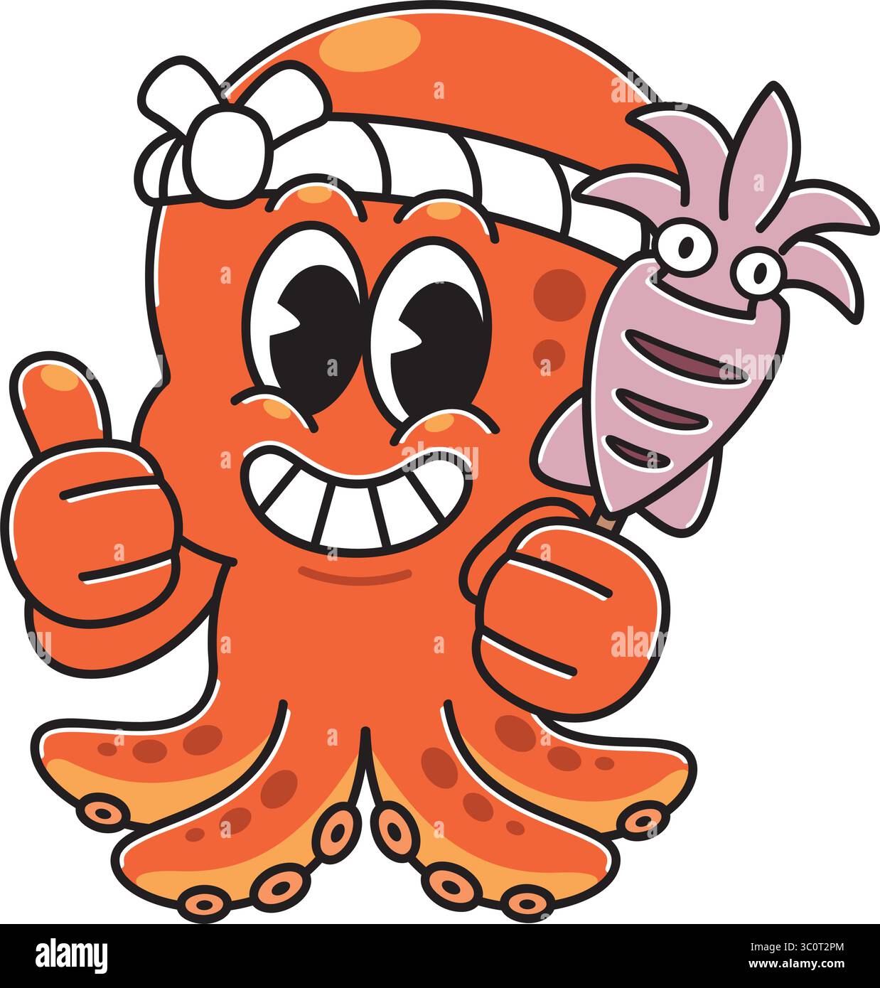Graziosa mascotte di Octopus con spiedino a forma di liquido alla griglia Illustrazione Vettoriale