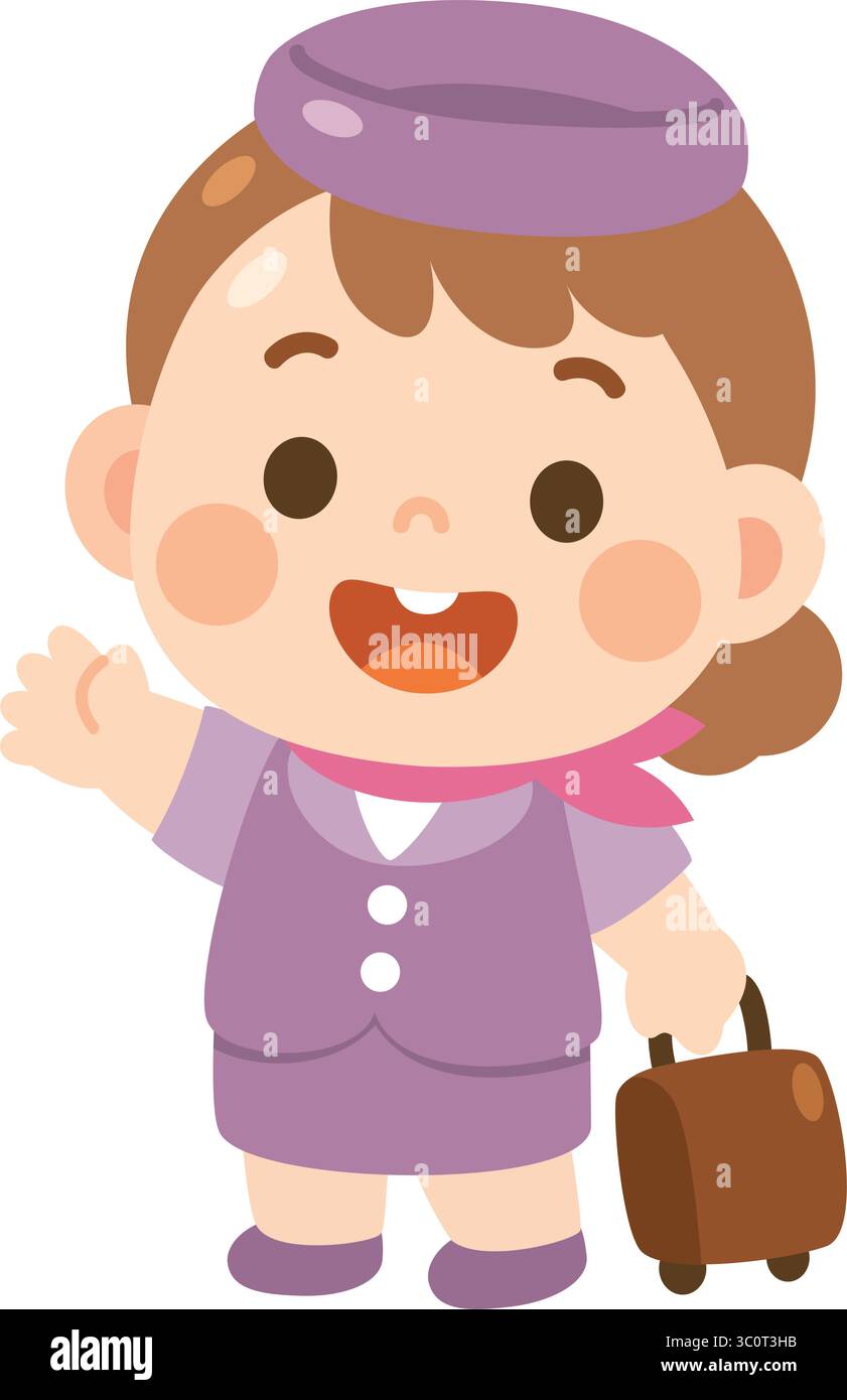 Simpatica assistente di volo Cartoon Girl con bagagli Illustrazione Vettoriale