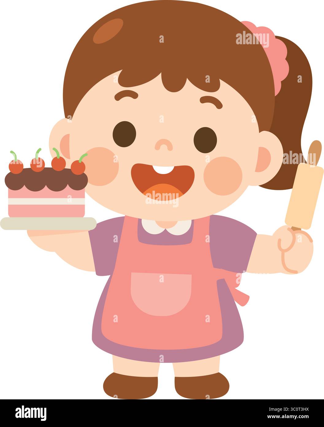 Carina panettiera Cartoon Girl che tiene la torta e il Rolling pin Illustrazione Vettoriale