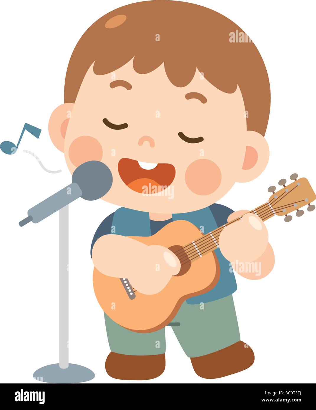 Carino Cartoon Boy che canta e suona la chitarra Illustrazione Vettoriale
