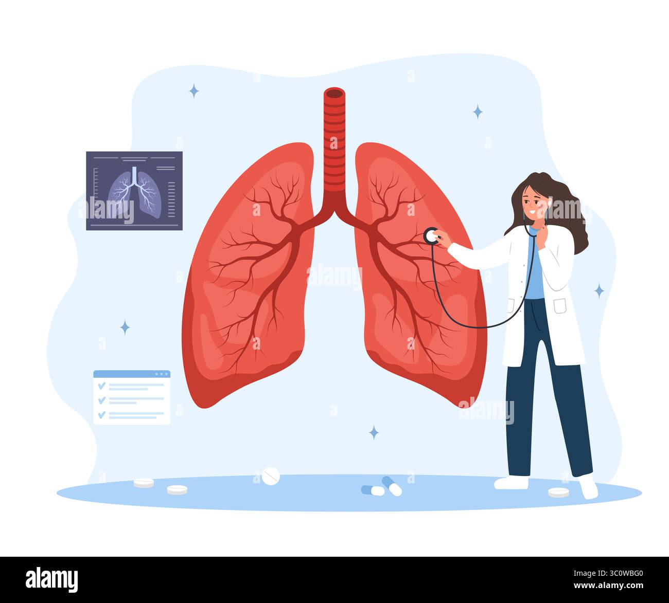 Concetto di polmonologo. Controllo medico. Dottoressa donna che ascolta grandi polmoni realistici con stetoscopio. Illustrazione del vettore piatto Illustrazione Vettoriale