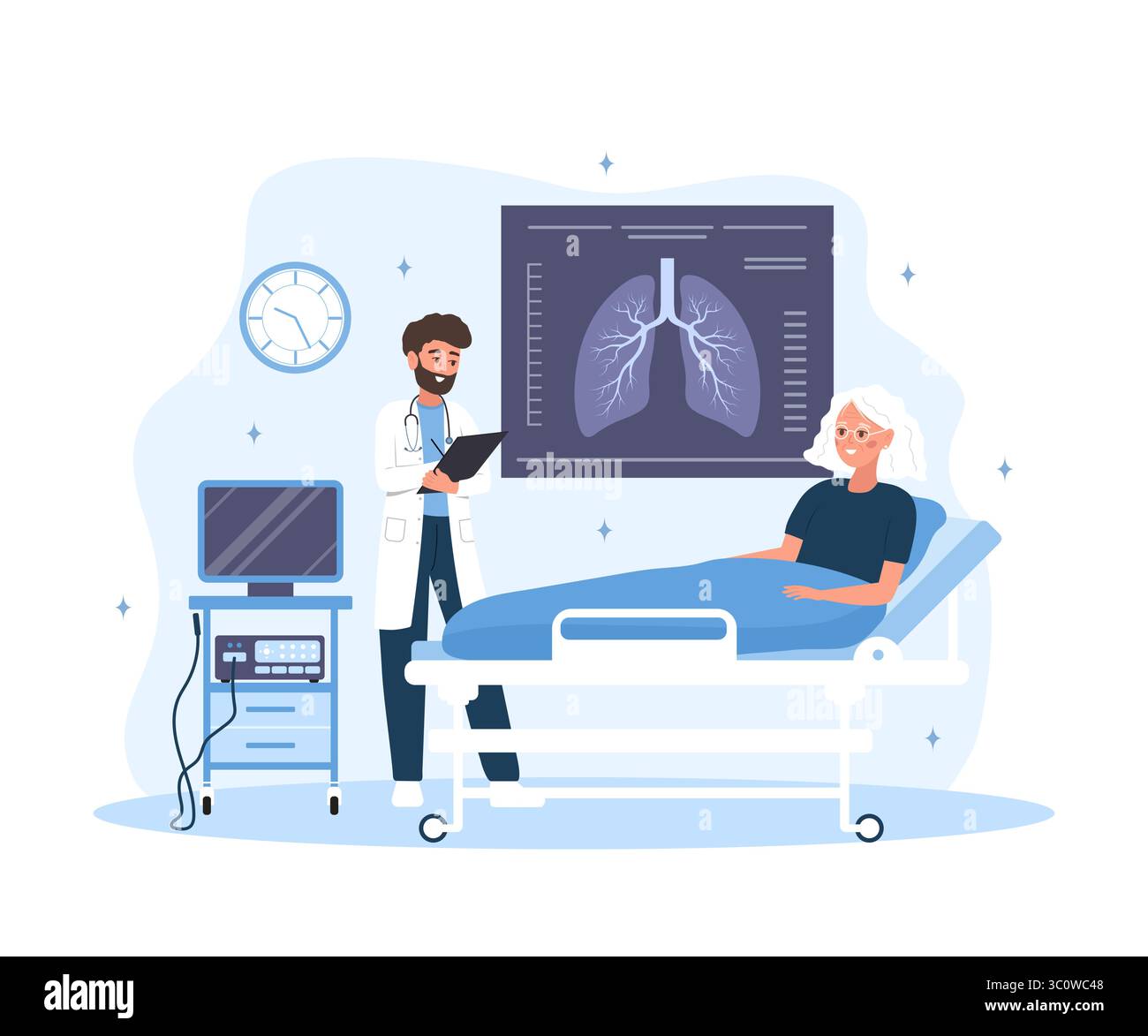 Concetto di polmonologo. Cura dei polmoni e diagnostica medica. Il medico maschile esamina la fluorografia. Illustrazione del vettore piatto Illustrazione Vettoriale