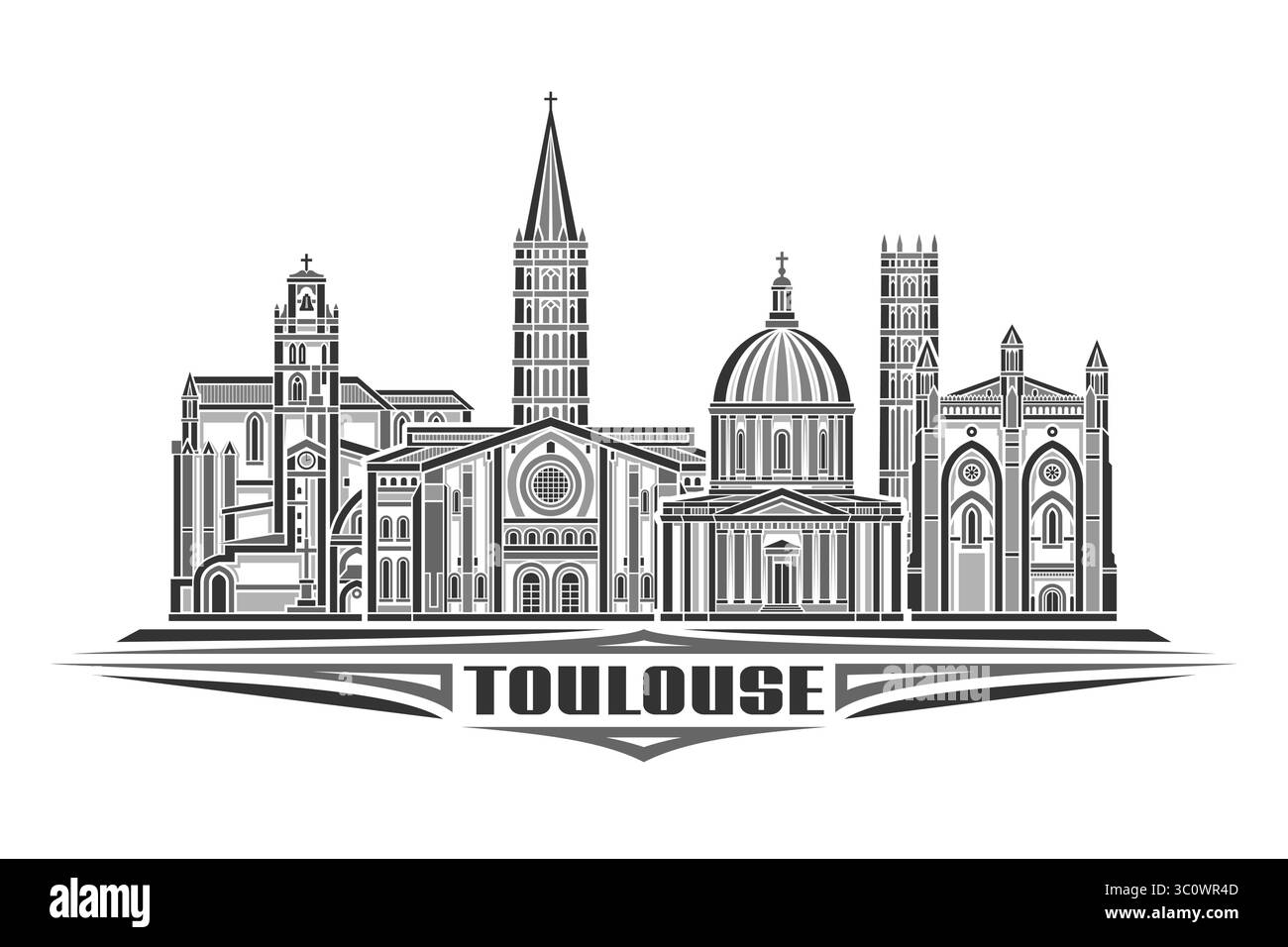Illustrazione vettoriale di Tolosa, scheda orizzontale monocromatica con design lineare Famous toulouse City scape, urban line art concept con lett decorativa Illustrazione Vettoriale