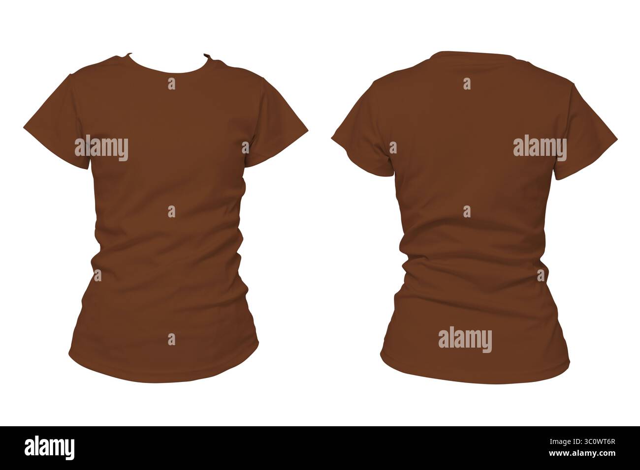 T-shirt marrone semplice mostrata nella vista anteriore e posteriore su sfondo bianco. Modello di mockup di abbigliamento vuoto per design di abbigliamento, vetrina di moda, stampa p Foto Stock