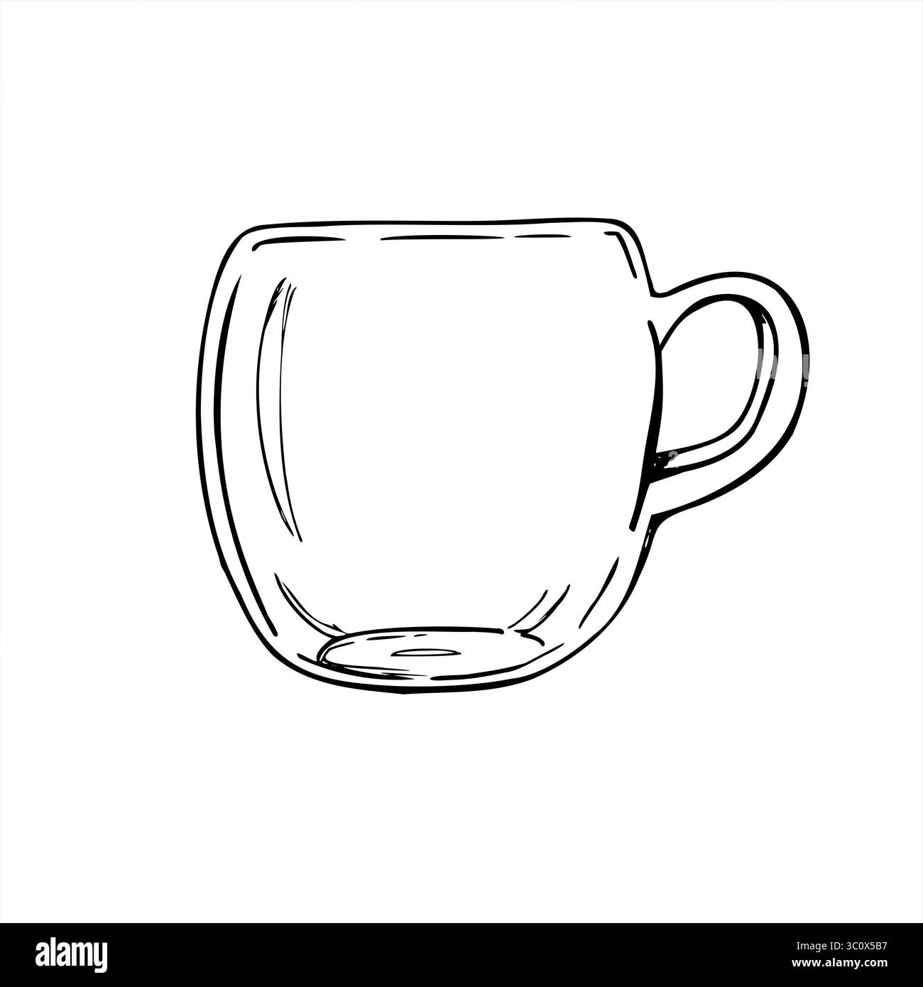 Tazza in vetro vuoto dal design minimalista con manico illustrazione vettoriale monocromatica dipinta con inchiostri neri. Tazza di caffè o tè pulita per il menu delle bevande Illustrazione Vettoriale