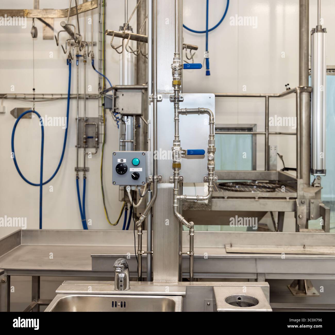 Macello, macelleria e mattatoio, unità di sterilizzazione con stazione di igiene per la fabbrica alimentare Foto Stock