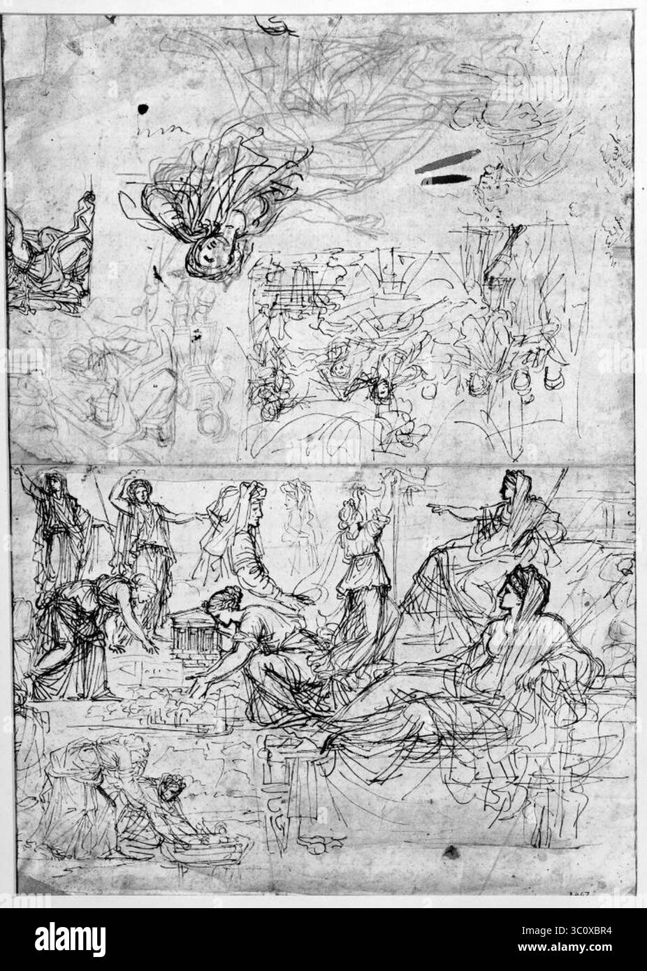 Michel Corneille d.y. - Två motiv, Sörjande kvinna på säng samt Moses upptäcks i buskarna Foto Stock