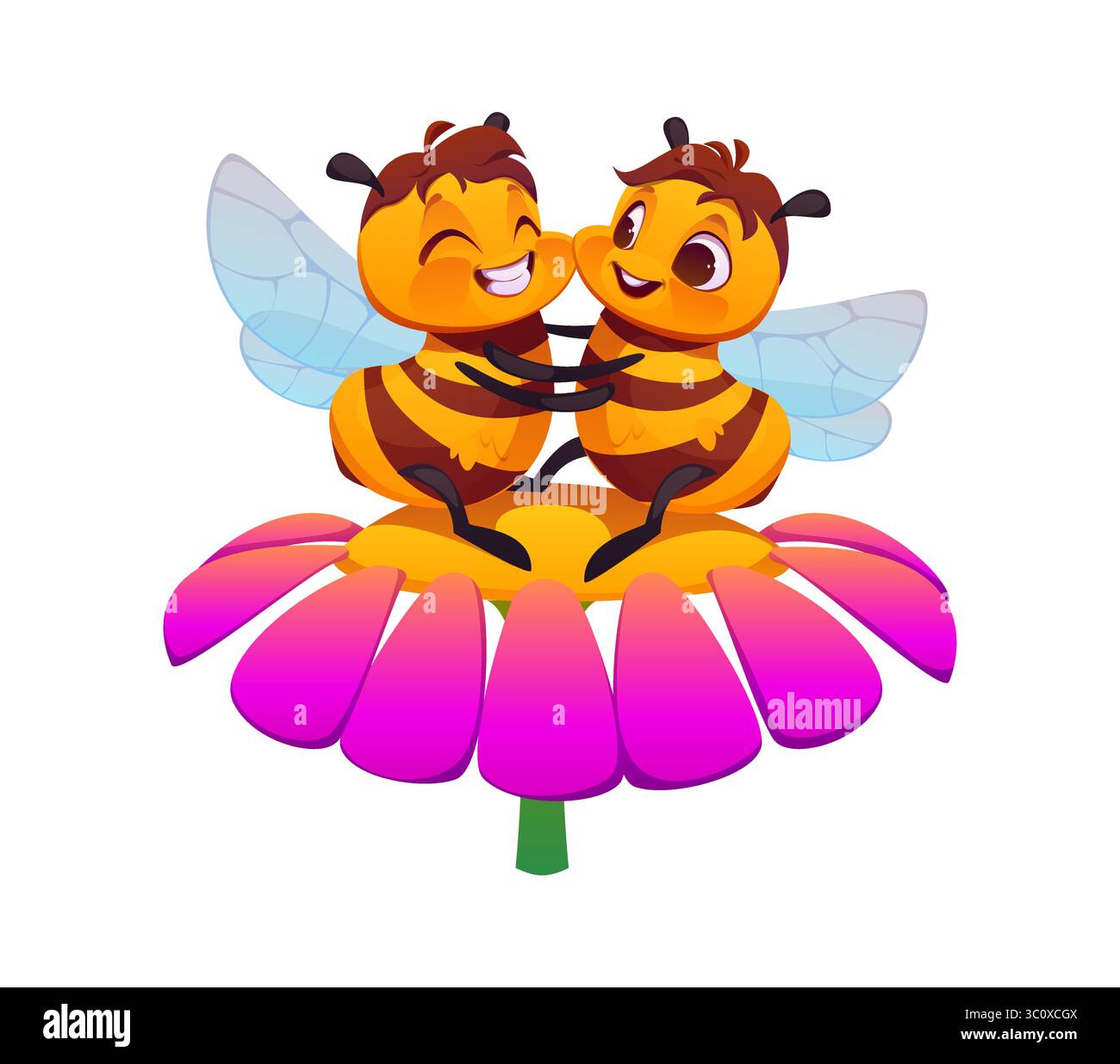 Coppia di personaggi del cartoni animati che si abbracciano il fiore rosa. Adorabili insetti che volano vettori si abbinano all'amore, trasuda umore primaverile, amicizia o vibrazioni romantiche con volti sorridenti e tenendosi per mano Illustrazione Vettoriale