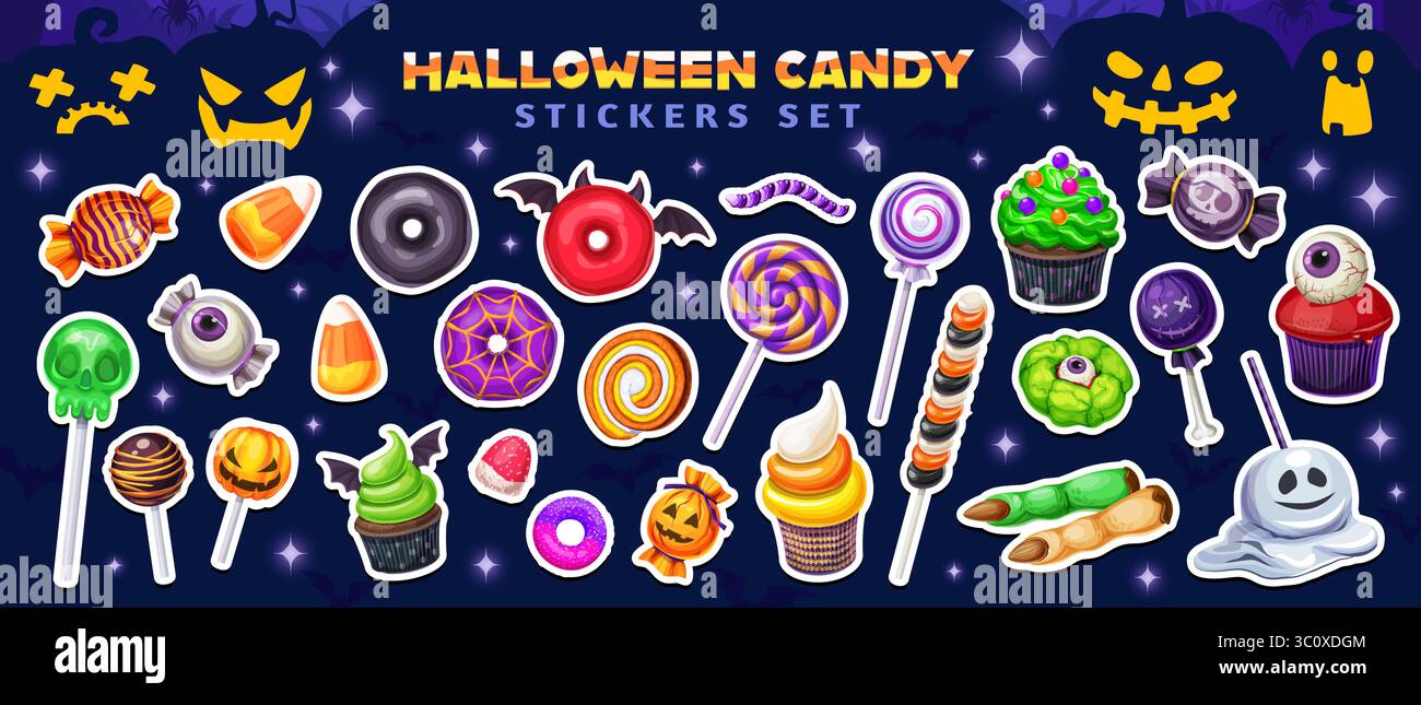 Dolci natalizi di Halloween e adesivi di caramelle. Toppe vettoriali con lecca-lecca, cupcake, caramelle di mais e dolcetti spaventosi come occhi, teschi e mani di mostri verdi per celebrare la stagione di Halloween Illustrazione Vettoriale