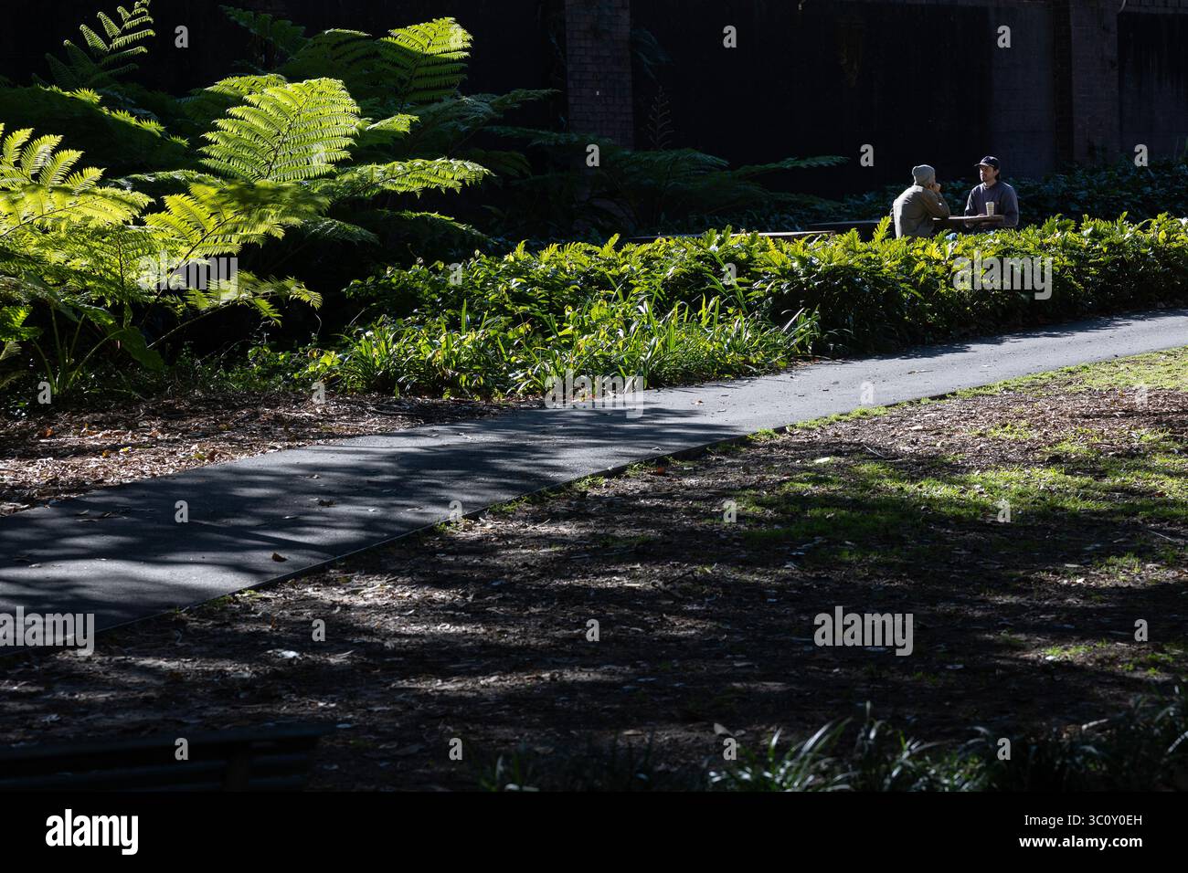 Due persone si siedono e bevono un caffè in inverno nella periferia settentrionale di Sydney a Sydney, Australia. Foto Stock