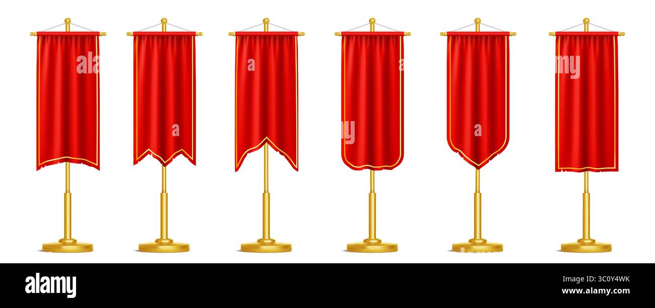 Set di stendardi medievali in tessuto rosso su pali dorati. Bandiere di araldica reali per la decorazione del castello, elementi da esposizione dei tornei di cavalieri. Scarponi in tessuto sospesi. Illustrazione Vettoriale