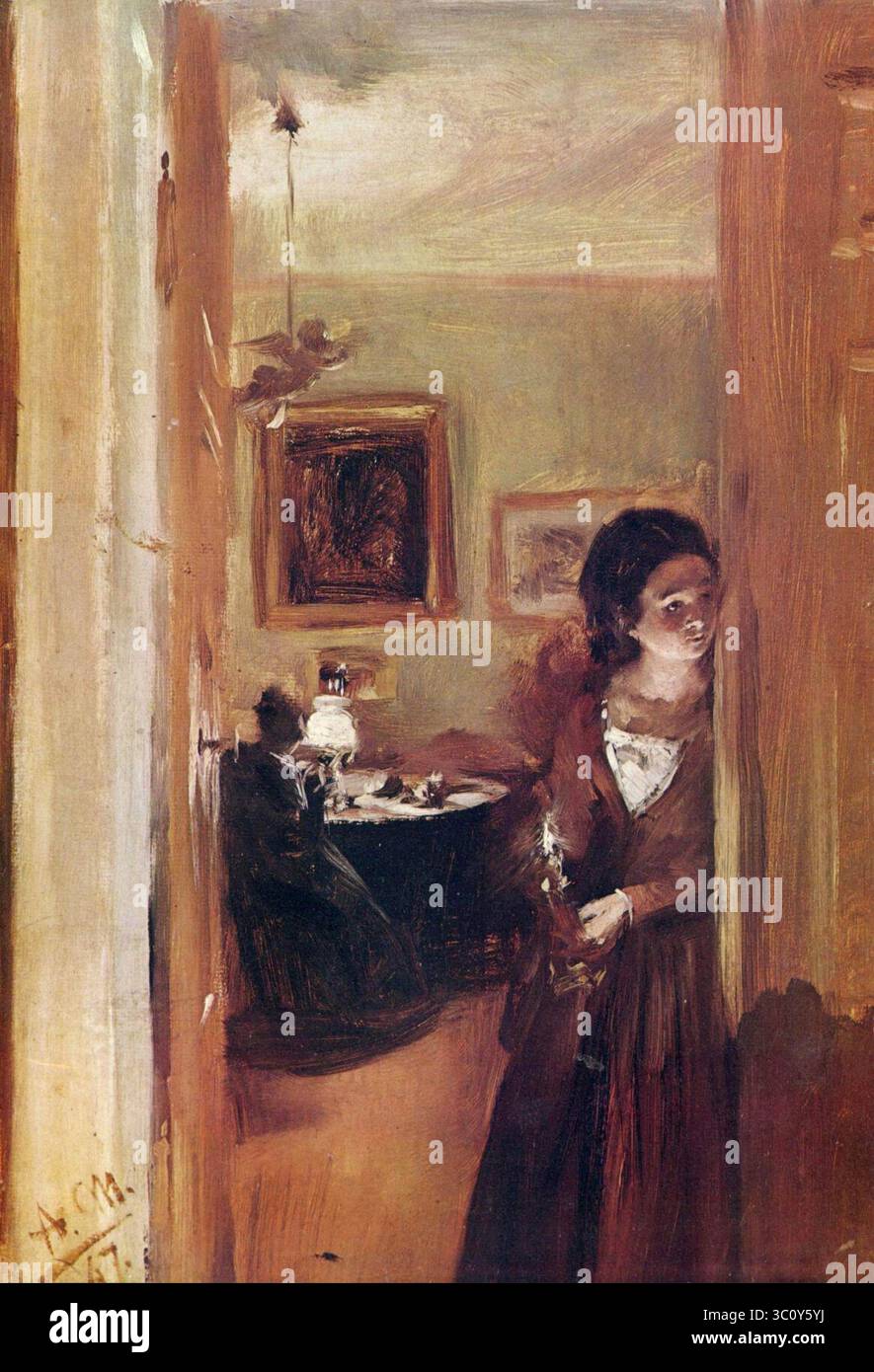Wohnzimmer mit Menzels Schwester (1847) - Adolf Friedrich Erdmann von Menzel (Neue Pinakothek). Foto Stock