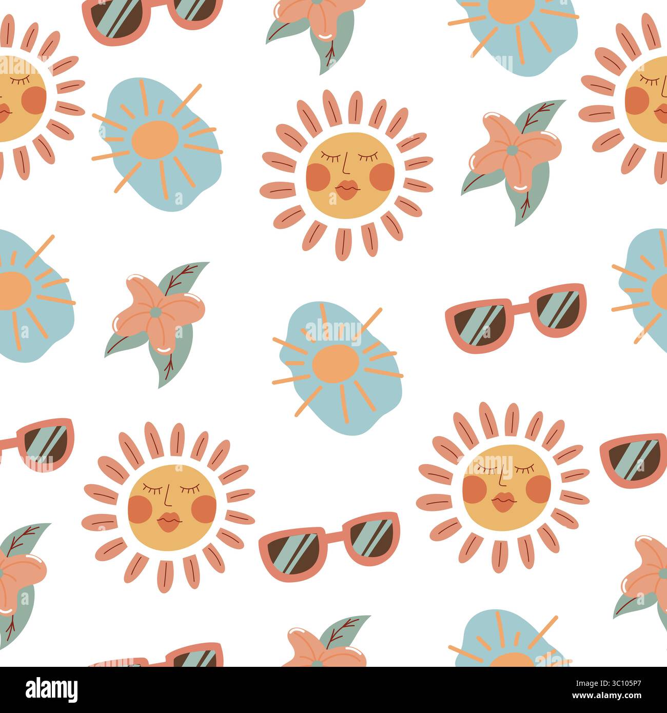 Un motivo colorato con motivi solari, fiori e occhiali da sole su sfondo bianco. Il design è divertente e vivace, ideale per i temi estivi. Illustrazione Vettoriale