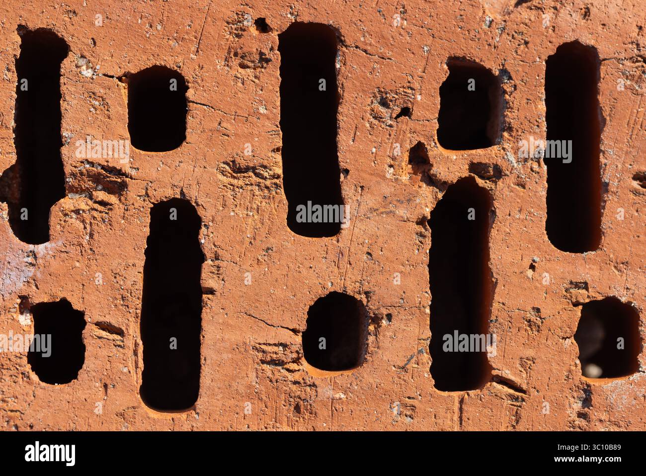 Fotografia che mostra l'intricato dettaglio della superficie e le esclusive aperture rettangolari di un mattone cotto, comunemente usato in edilizia e costruzione, illus Foto Stock