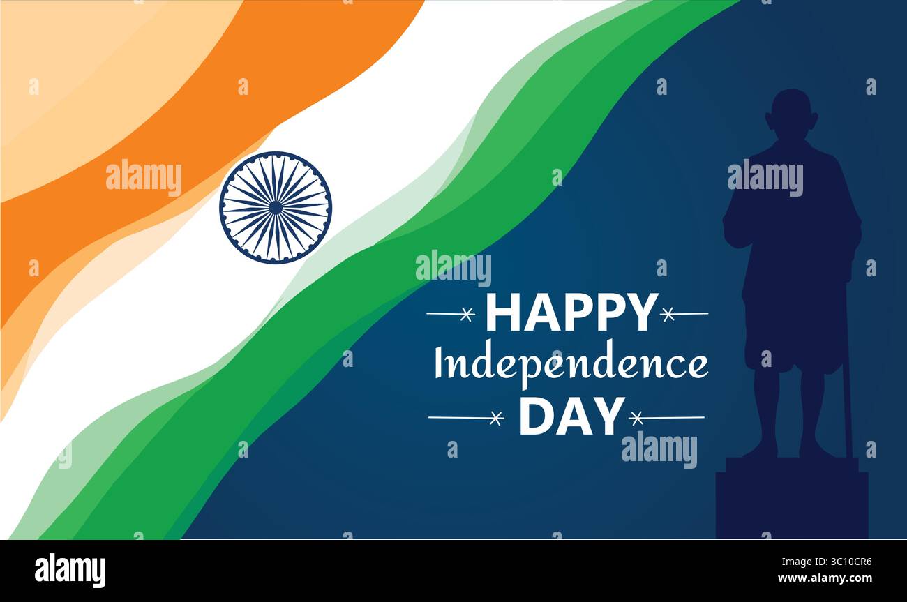 Happy Independence Day India – illustrazione patriottica con silhouette Gandhi e tema tricolore Illustrazione Vettoriale