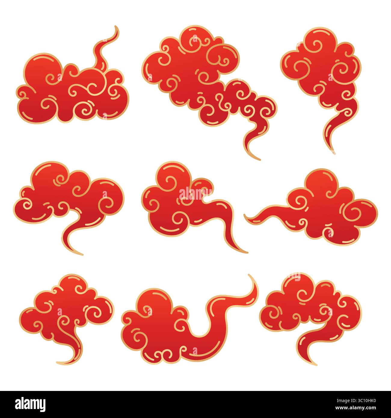 Collezione di nuvole orientali cinesi. Eleganti nuvole rosse in stile cinese con bordo dorato. Set di ornamenti a nuvole tradizionali giapponesi asiatici. Cinese Illustrazione Vettoriale