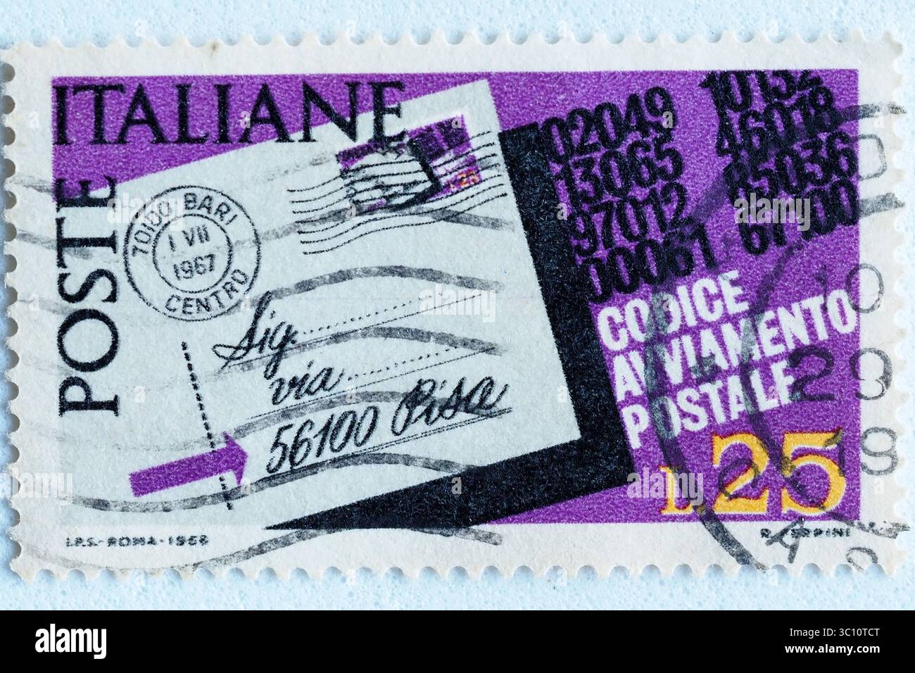 Macro vista del codice postale italiano anno 1968. Foto Stock